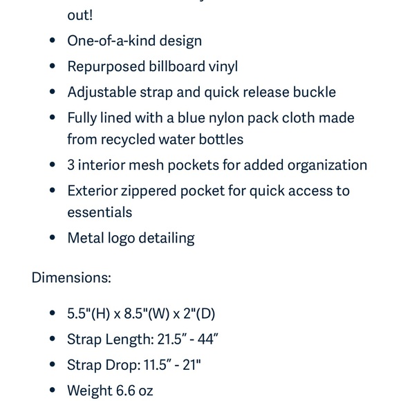 NWOT Rareform Zion Sling Bag. One of a kind. Recycled billboard vinyl. Adjusts - Picture 10 of 10